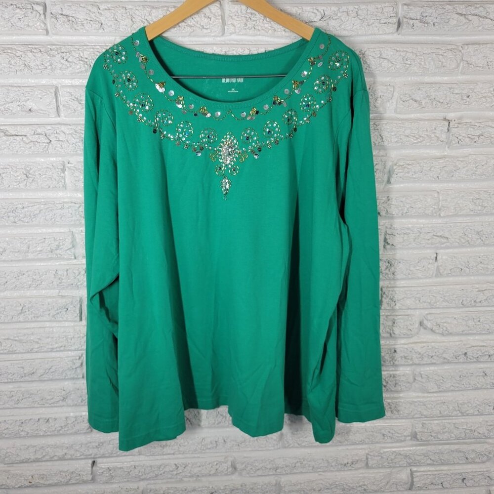 Bedford Fair Womens Top 3X Plus Long Sleeve Green Beaded Sequins GRE27